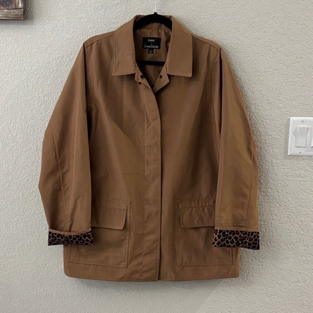 Dennis by Dennis Basso Tan Trench Coat Jacket Leopard Trim Lined Animal Print  M